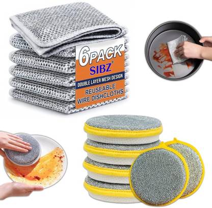 SIBZ 6 PCS Wire Dishwashing Rag Dish Cloth & 6 PCS Double Sided Dish Scrubber Sponge Scrub Pad