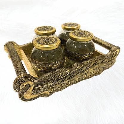 NAVRANG Serving Tray Set Wooden Set Peacock Design Tray With Handle Storage Tray, Container Serving Set