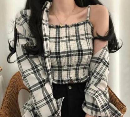 Samani Women Checkered Casual White Shirt
