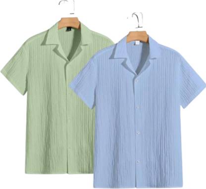 Men Self Design Casual Light Green, Light Blue Shirt