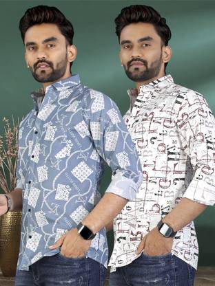 Men Printed Casual Blue, White Shirt