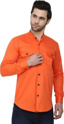 Men Solid Casual Orange Shirt