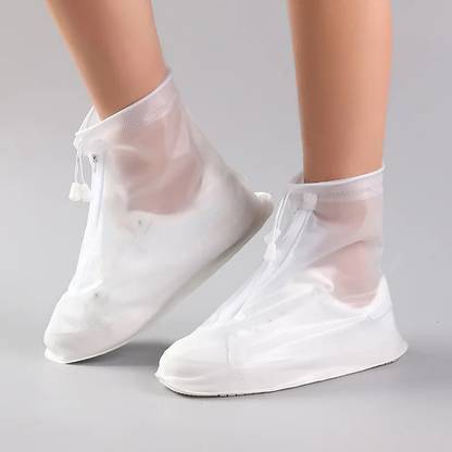 Ravso Not-Slip Rain Shoe Covers Waterproof Zipper and Drawstring Design Silicone White Boots Shoe Cover