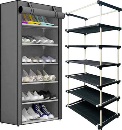girja 6-Tiers Multipurpose Heavy Plastic Folding Shoe Rack with Wardrobe Cover {Grey} Plastic Shoe Rack