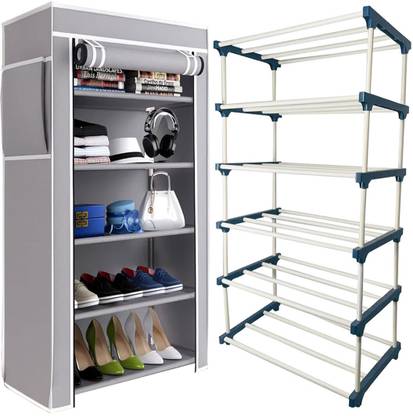 QUARCK 5 Layer Book Shelf Plastic Rack With Cover Wardrobe Portable Multipurpose Plastic Open Book Shelf