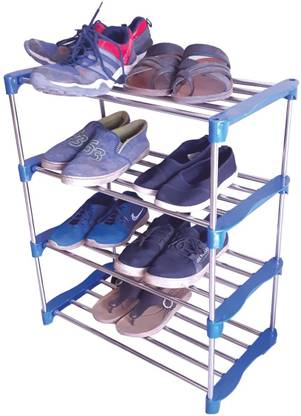VIMART Stainless Steel Shoe Rack /Multipurpose Table / Multi Utility Rack/Plastic Collapsible Shoe Stand / Book Shelf / Office Table (Number of Shelves - 4, Finish Colour- Blue / Silver) Metal, Plastic Collapsible Shoe Stand