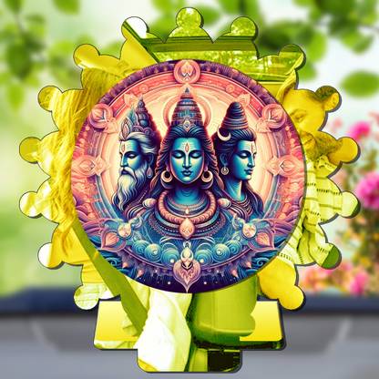 GiftsRange Tridev Brahma Vishnu Mahesh Golden Mirror Shine Car Dashboard Idol Decorative Showpiece  -  8 cm