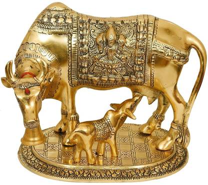 dtc Metal Golden Kamdhenu Cow With Calf Statue,Cow and Calf Idol,Good Luck, Holy Spiritual Showpiece Figurine Sculpture Vastu Decorative Handmade Home Office Showpiece Gifts Large Gold Elegant Cow and Calf Metal Statue Holy Cow and Calf Statue Spiritual Showpiece Figurine Sculpture Decorative Showpiece  -  15 cm