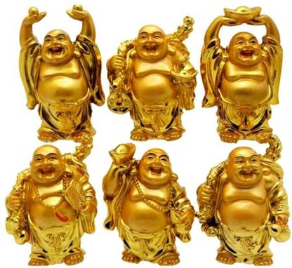 Divine Creations Laughing Buddha Statue Set of 6 for Health, Happiness in your Home & Workspace Decorative Showpiece  -  6 cm