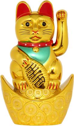 Vastu Art Vastu / Feng Shui / Wlcome Cat Sitting On Money Ingot For Wealth And Prosperity Decorative Showpiece  -  18 cm