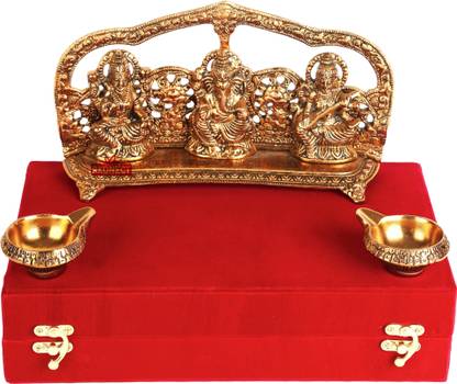 GIFTCITY Copper Laxmi Ganesh Saraswati Idol Murti Statue With 2 Pcs Diya Under Box Decorative Showpiece - 14 cm