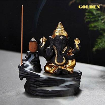 Miss Peach Smoke Finish Ganesha Statue with 10 Cones: Tranquility & Blessings in Artistry Polyresin Incense Holder