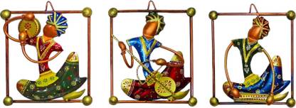 Vandana Collection Wall Art Indian Musician Framed Hanging Decor with Brass Accents Green and Blue Pack of 3