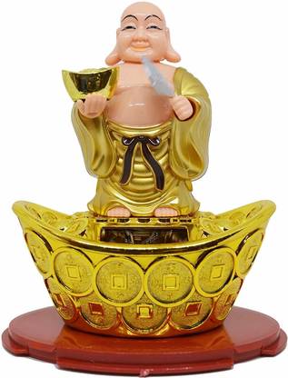 SK Craft PNOTED Solar Laughing Buddha On Ingot & Waving Fan Moving Head & Fan Decorative Showpiece  -  15 cm