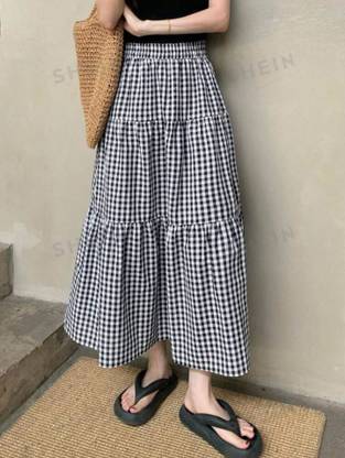 Tamina Checkered Women A-line Black, White Skirt
