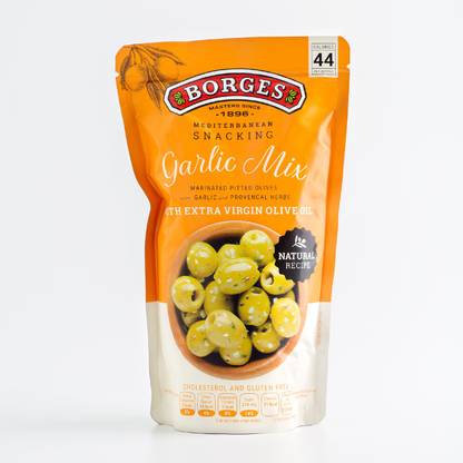 BORGES Garlic Mix Olive Snacks With Extra Virgin Olive Oil, On The Go Snack