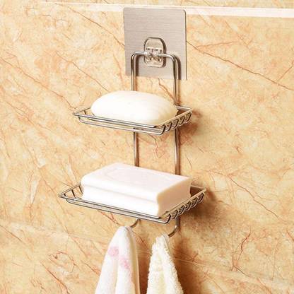 ARAKA Wall Mounted Double Layer soap Dish Holder & Dispensers, Self-Adhesive Stainless Steel Waterproof Kitchen Bathroom Soaps Storage Rack with Hook for Home (2 Layer Shop Holder with 2 Hook)