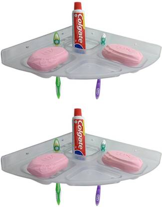 Khatush by SR creations 2 pieces Transparent Heavy Plastic Unbreakable Corner Soap Dish Acrylic Wall Shelf