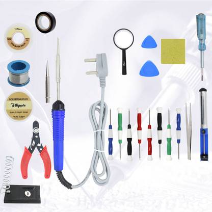 Hillgrove 23in1 Basic Complete 25W Soldering Iron Kit with 5 Meter Solder Wire, Scrub, Pump, Cutter, Tester, Tweezer, Tape, Bit, Flux,Screwdriver,Mobile Opener 25 W Simple