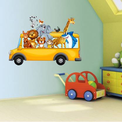 Divine Printry 57 cm Size, Animals Bus Design Wall Self Adhesive Sticker