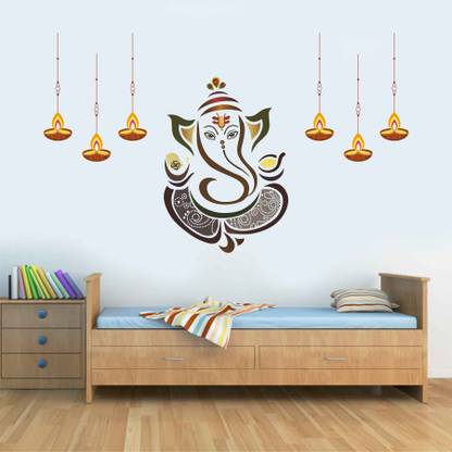 Azan Creation 119 cm Ganesh ji with deepak Wall sticker & Mural sticker Size - 119x73cm Self Adhesive Sticker