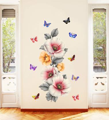 Divine studio 45 cm Flower Bel With Amazing & Beautiful Butterfl Home Decorative Design Wall Sticker Self Adhesive Sticker