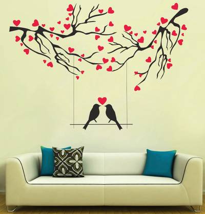 Divine Printry 91 cm Size, Tree With Heart and Birds Design Wall Self Adhesive Sticker