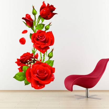 Azan Creation 40.64 cm Red rose Wall Sticker for Bedroom Size - 40X76CM Self Adhesive Sticker