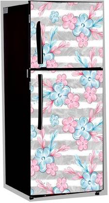 Decor studio 60 cm abstract sky blue pink flowers with white line background decorative wallpaper poster extra large fridge sticker (pvc vinyl covering area 61cm X 160cm ) Reusable Sticker