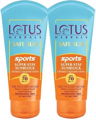 LOTUS HERBALS Sunscreen - SPF 70 PA+++ Safe Sun Sports Super Stay SunBlock SPF 70 _ 80g ( Pack of 2 )
