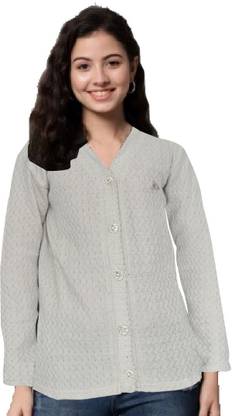 Hans Fashion ENT V Neck Casual Women Pure Wool Grey Cardigan