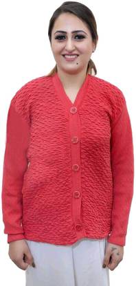 Solid V Neck Casual Women Pure Wool Red Cardigan