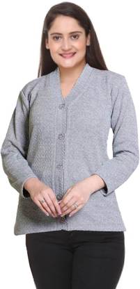 SHOPIFY V Neck Casual Women Pure Wool Grey Cardigan