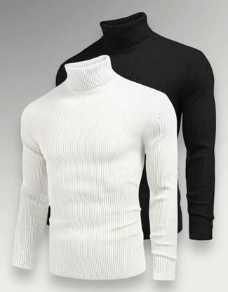 Solid High Neck Casual Men Cotton Blend White Pullover