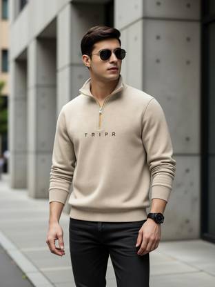 Full Sleeve Solid, Self Design Men Sweatshirt