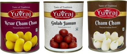 Yuvraj Food Product Kesar Cham Cham,Gulab Jamun & white Cham Cham 1 kg x 3 pack Can