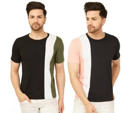Color Block Men Dark Green, Pink T-Shirt