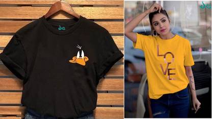 Printed Women Black, Yellow T-Shirt