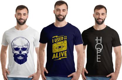 Printed Men Dark Blue, White, Black T-Shirt