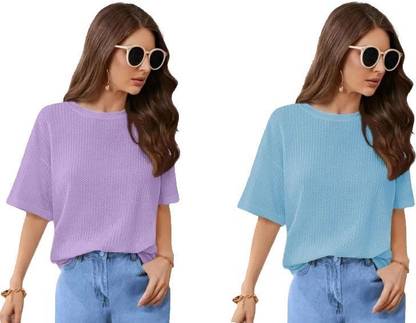 SRISARAS Striped Women Purple, Light Blue T-Shirt