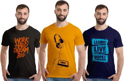 Printed Men Gold, Black, Dark Blue T-Shirt
