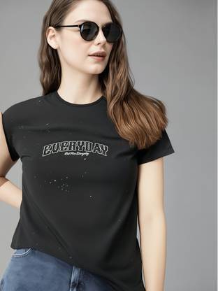 MACK JONNEY Printed Women Round Neck Black T-Shirt