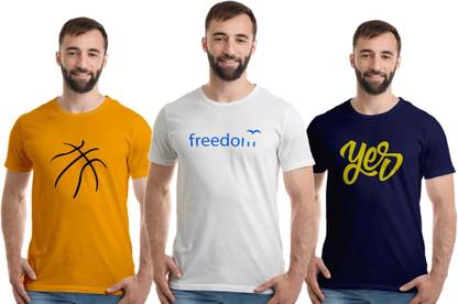 Textured Men White, Gold, Dark Blue T-Shirt