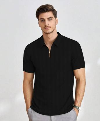KAJARU Self Design Men Polo Neck Black T-Shirt