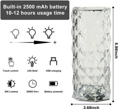 RANGOLI BQ-16 Color Changing Crystal Diamond Table Lamp,USB Rechargeable Touch Bedside Night Lamp
