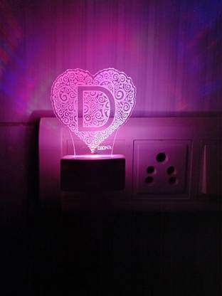 DIONA Alphabet D Heart Shape 3D Illusion Led Multi Color Changing Birthday Gift Night Lamp