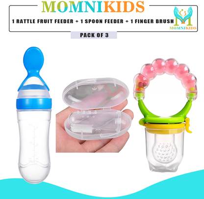 MOMNIKIDS Combo Pack of 1 Rattle Feeder, 1 Fingur Brush & 1 Spoon Bottle for Babies Feeder