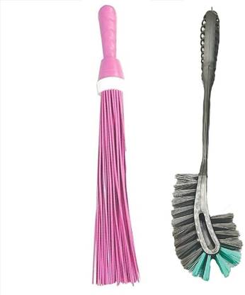 STRUGGLINGINC Medium Hard Bristles for Indian/Western Toilets Brush & Broom (Pack of 2) with Holder