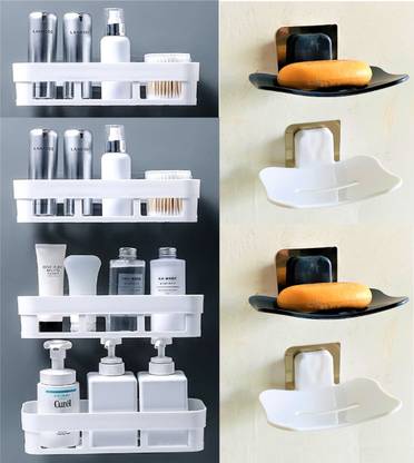 Qrex Wall Shelves Kitchen Shelf With Curve Soap Stand Plastic Bathroom Set