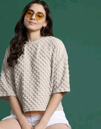ML Hosiery Party Self Design Women Beige Top